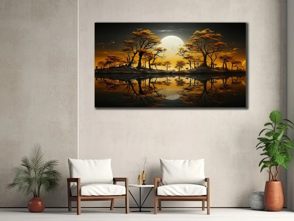 Forest And Lake Art Gold Oil Painting Wall Art Canvas Unframed Print Art