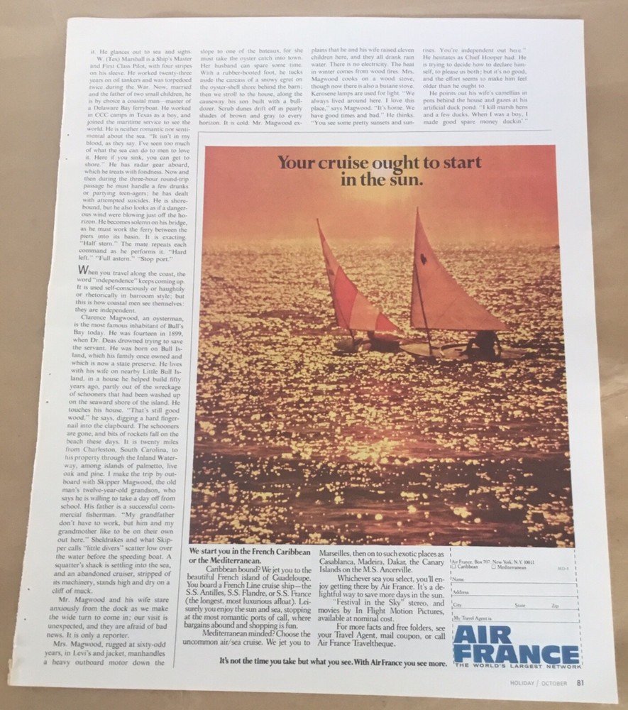 Air France Airlines orig vintage print ad 1967 retro art 60s travel sailboats