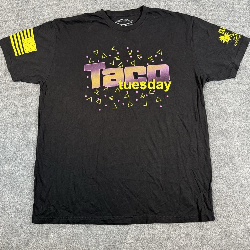 🌮🌮 Grunt Style Taco Tuesday Shirt Men's XXL Black Graphic Tee Flag Sleeve