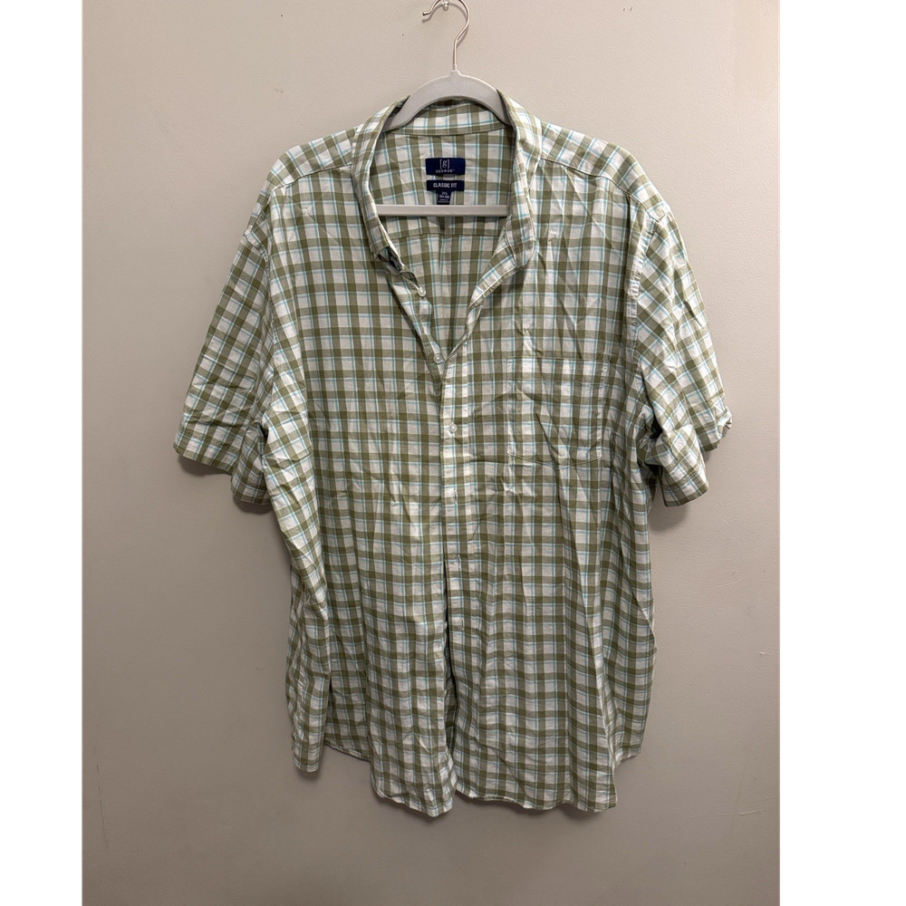 George Men's 3XL Plaid Button-Up Shirt Green White Blue Short Sleeve