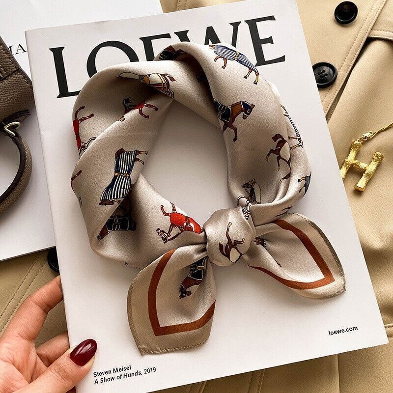 100% Silk Small Scarf Women Neckerchief BandanaX Cute Champagne Horse 53*53cm