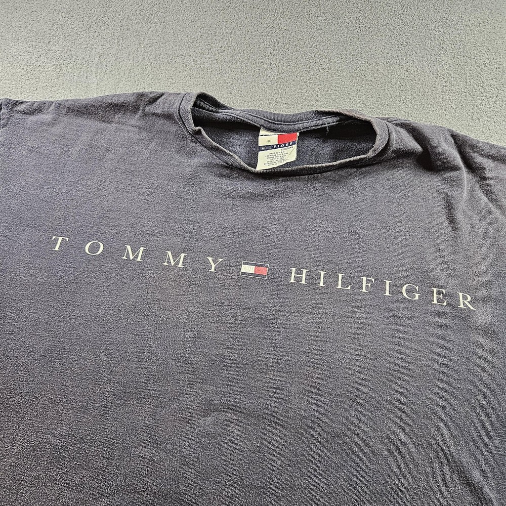 Vintage Tommy Hilfiger Shirt Mens 2XL Gray Spell Out Flag Logo Made in USA 90s