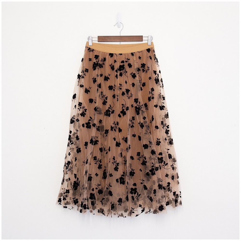 Tulle Floral Burnout Midi Skirt Women S / M Brown Black A-Line Romantic Goth EUC