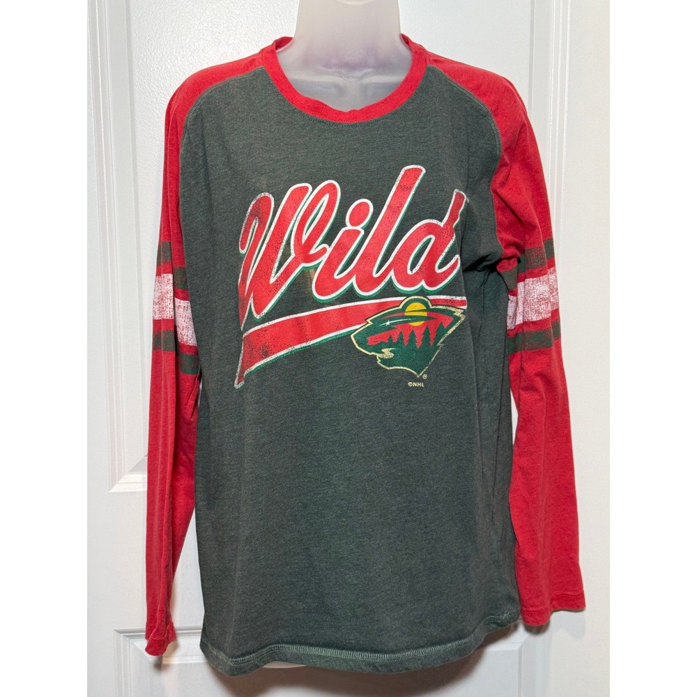 Minnesota Wild NHL Raglan Long Sleeve Shirt Green Red Large Womens Top Hockey