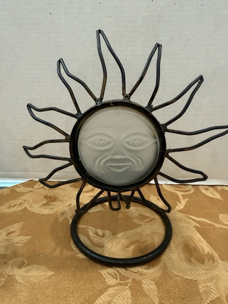Vintage Wrought Iron Glass Celestial Sun Face Candle Holder Outdoor