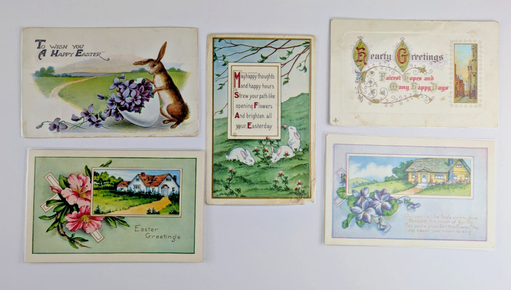 Lot of 5 Antique Embossed Laminated Illustrated Easter Greetings Postcards