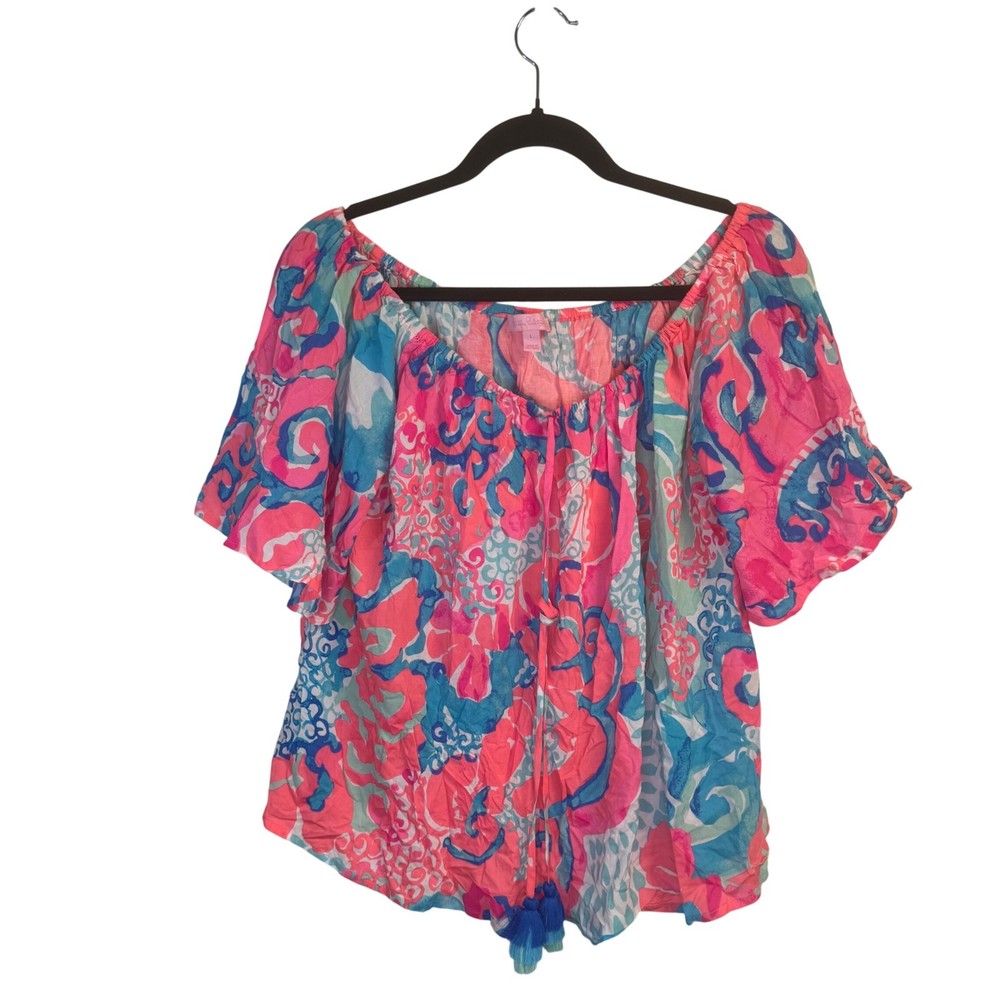 Lilly Pulitzer Off Shoulder Top Womens Large Pink Blue Floral Blouse