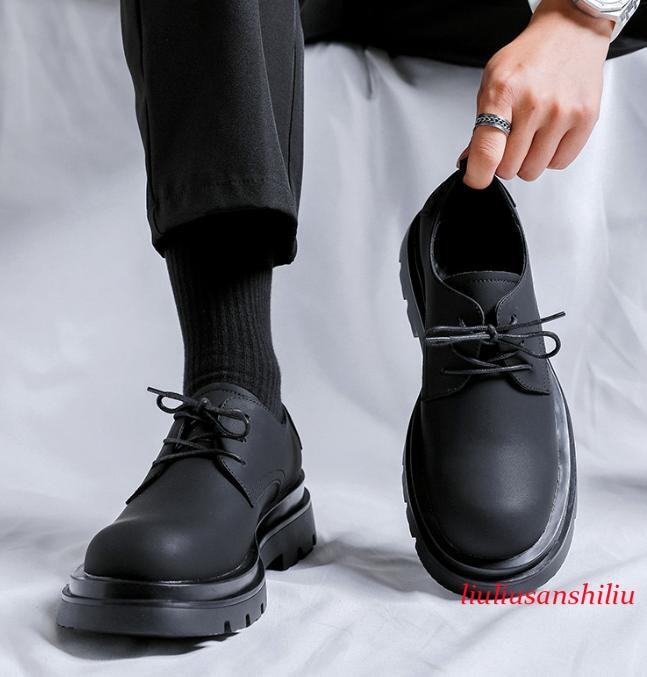 Mens Casual Platform Round Toe Black Low-top Lace Up Dress Shoes Spring Autumn