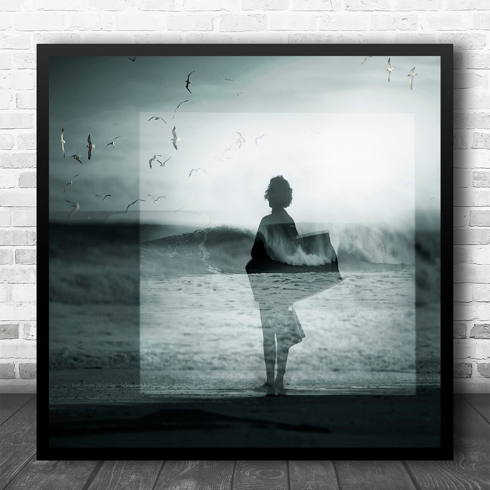 Ocean Surfer Waves Seagulls Composite Monochrome Creative Square Wall Art Print