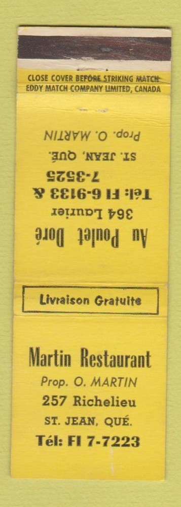 Matchbook Cover - Martin Restaurant St Jean QC