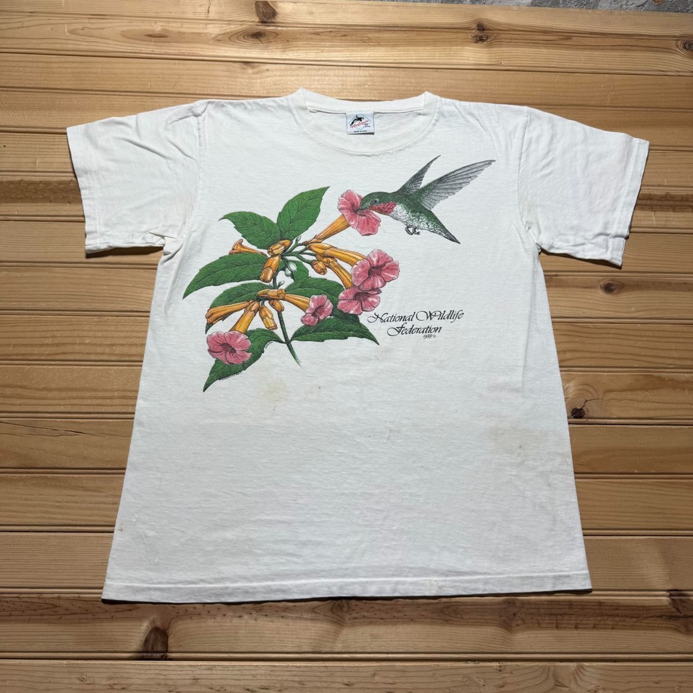 Vintage 1988 National Wildlife Federation Hummingbird Floral T-Shirt USA - Large