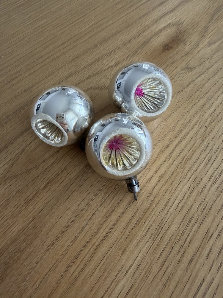 3 Vintage Small Indent Silver  Glass Christmas Ornaments Set