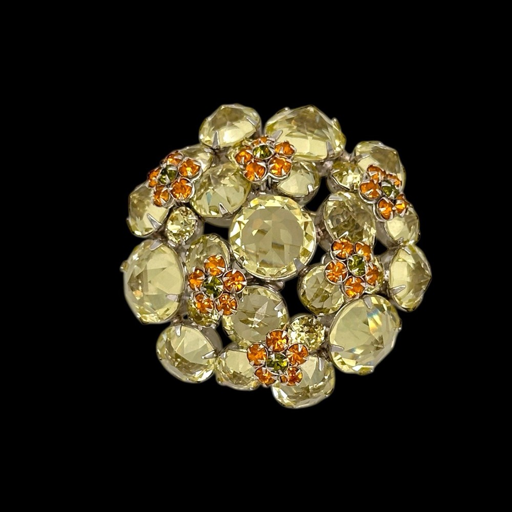 Schreiner Signed Brooch Reverse Set Domed Floral Rhinestone Pin