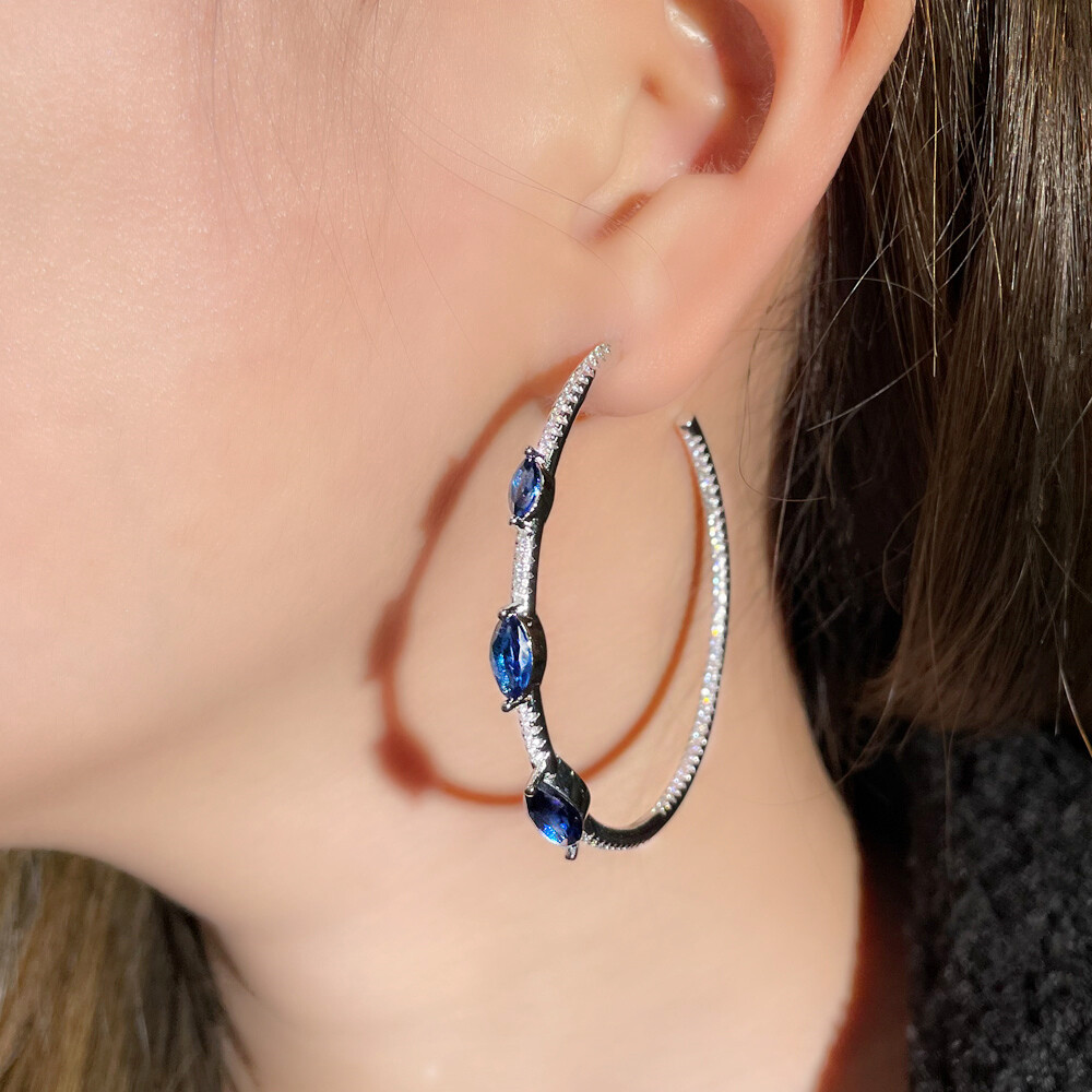 Silver Plated Blue Marquise Cubic Zirconia Hoop Earrings for Women Wedding Party