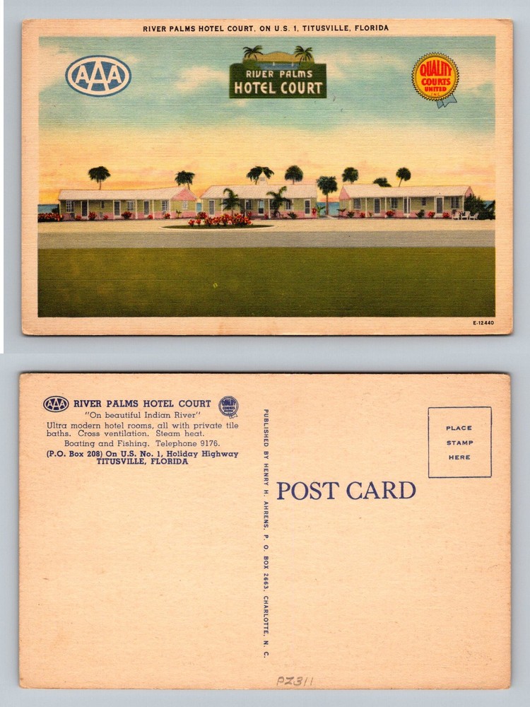 Titusville, FL-Florida, River Palms Hotel Court On Indian River Vintage Postcard