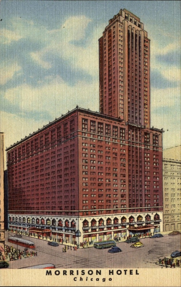 Morrison Hotel ~ Chicago Illinois ~ artist rendering ~ trolley ~ 1940s postcard