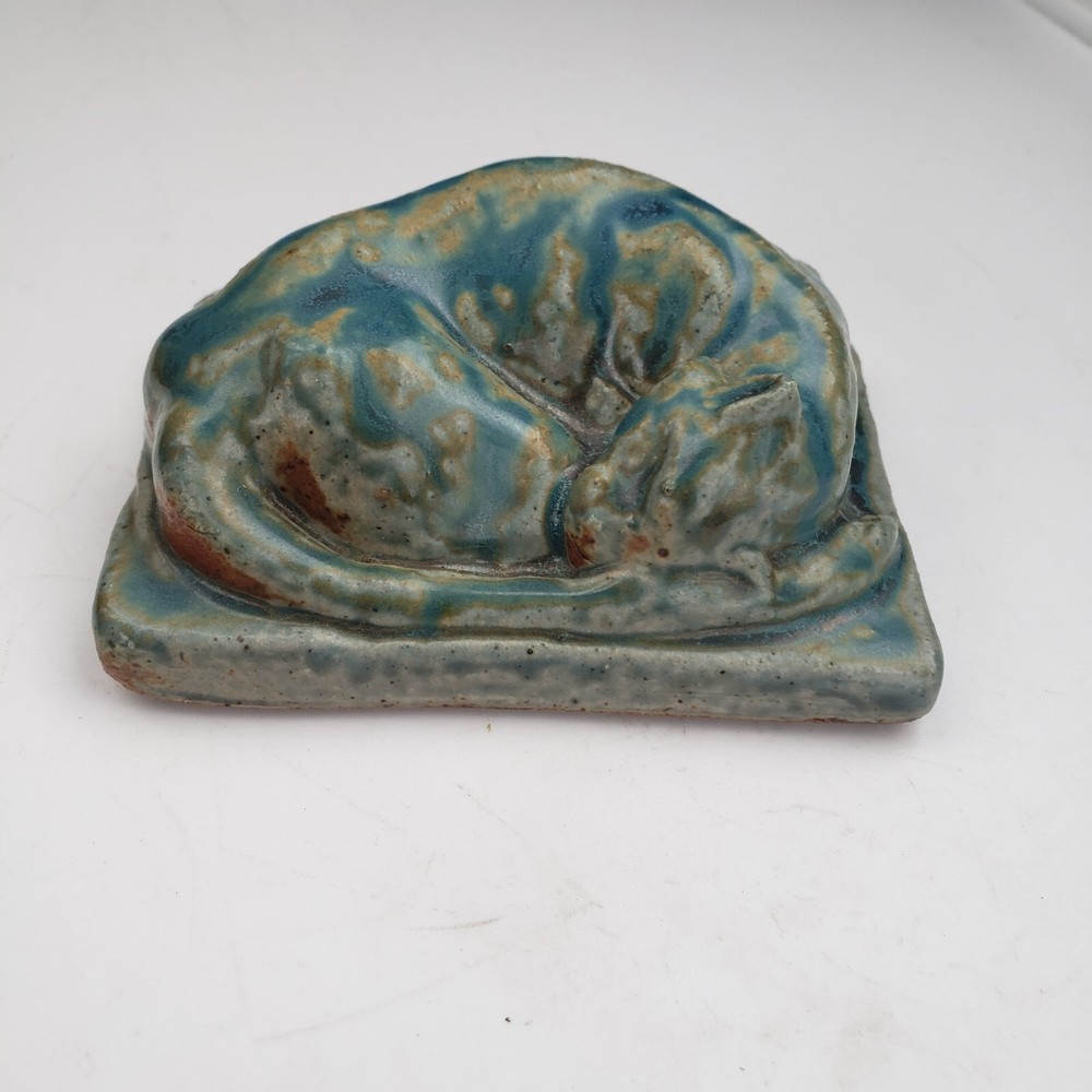 pewabic pottery tile Paperweight Sleeping Cat Beautiful Glaze