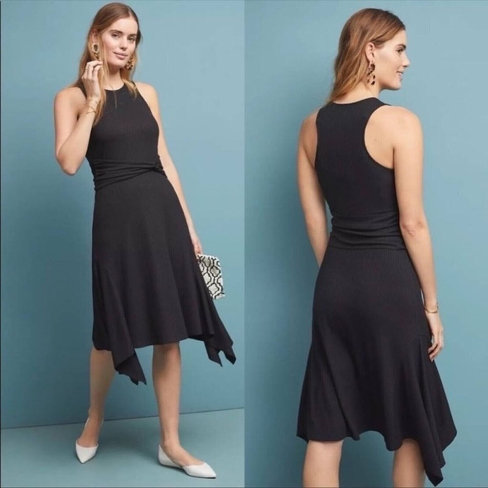 Anthropologie Black Ribbed Kingsolver Midi Tank Dress Asymmetrical Women Size S