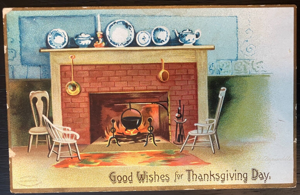 Antique Thanksgiving postcard with cozy hearth fire and chairs unposted