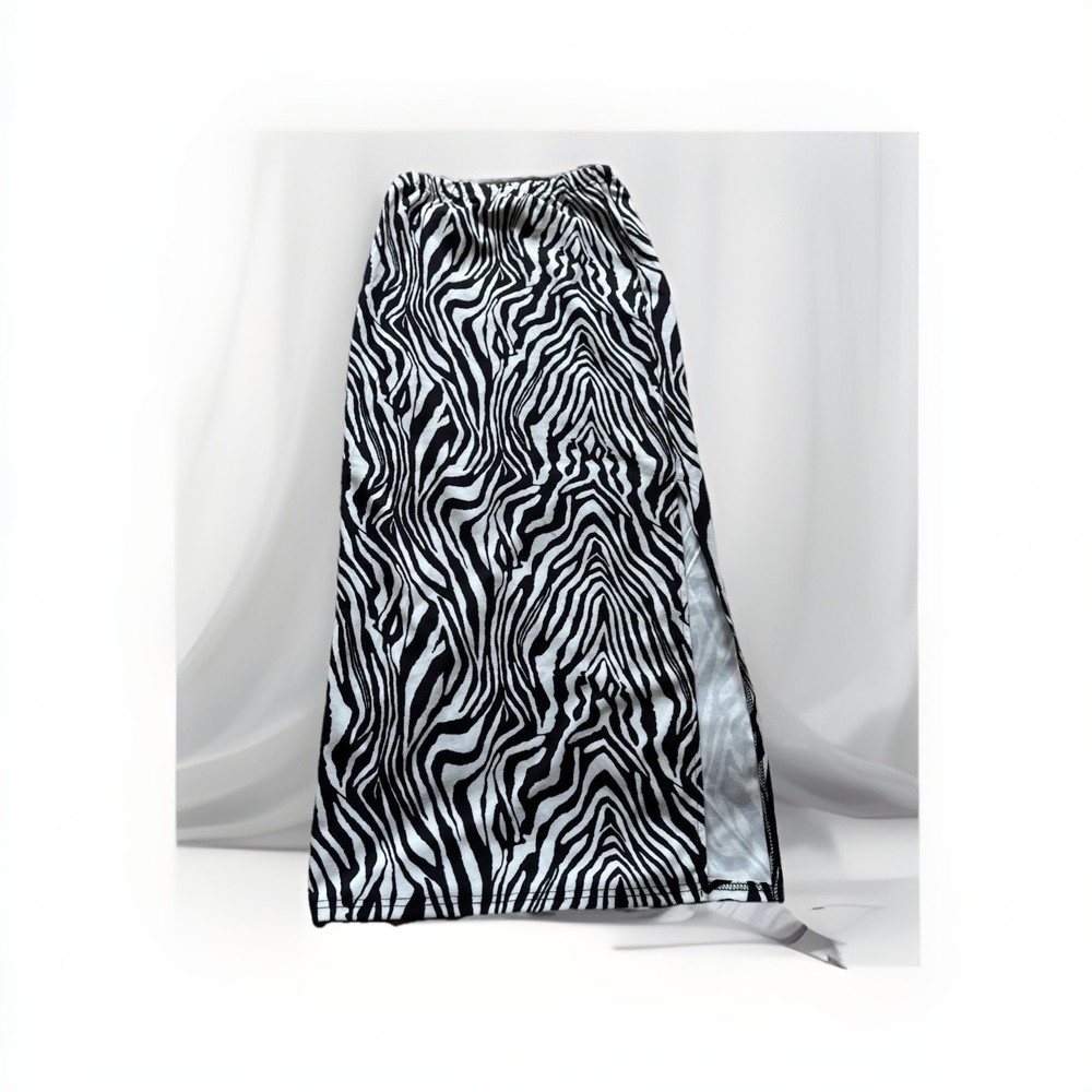 Women's Black/White Zebra Animal Print Long A-Line Skirt with Slit Elastic Waist