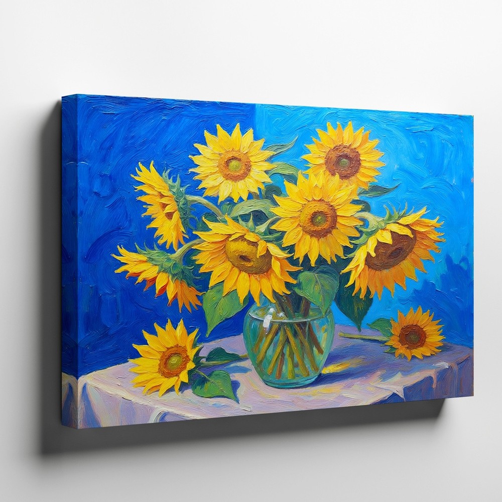 Bright Sunflowers in Glass Vase Canvas Wall Art Floral Home Decor Painting Print