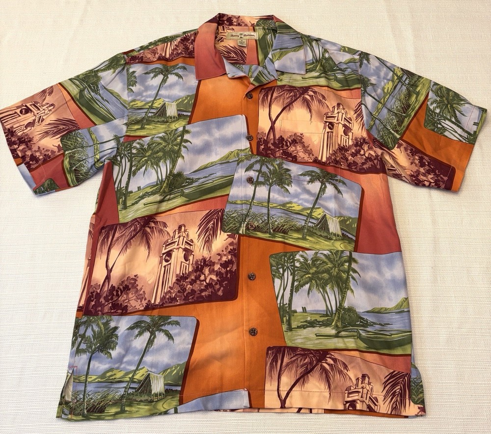 Tommy Bahama Photos in Paradise Mens Medium Button Up Hawaiian 100% Silk Shirt