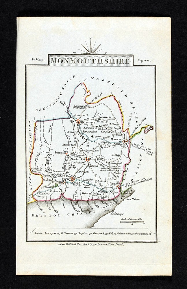 1814 Cary Road Map Wales Monmouthshire Monmouth County Usk Abergavenny Caerleon