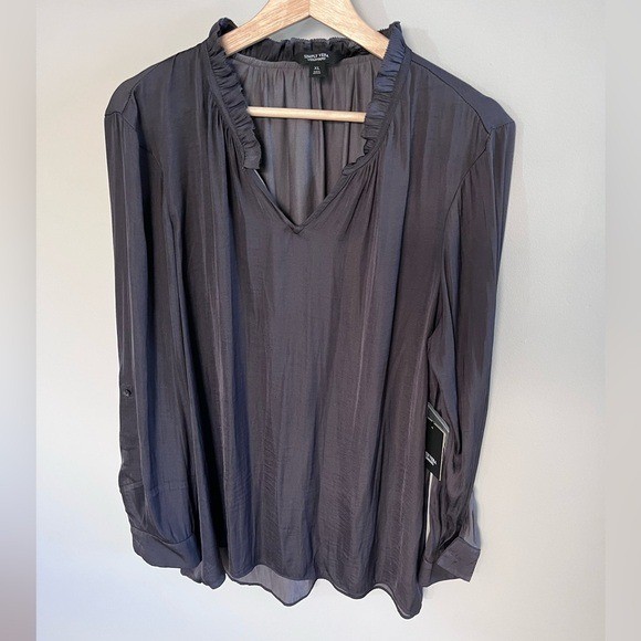 Simply Vera Slate Gray V-Neck Blouse Long Sleeve, Ruffle Trim Flowy Size XL
