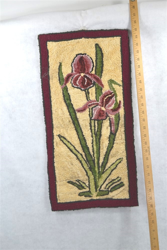 antique hooked floral maroon irises 12x24 table mat hanging hand made original