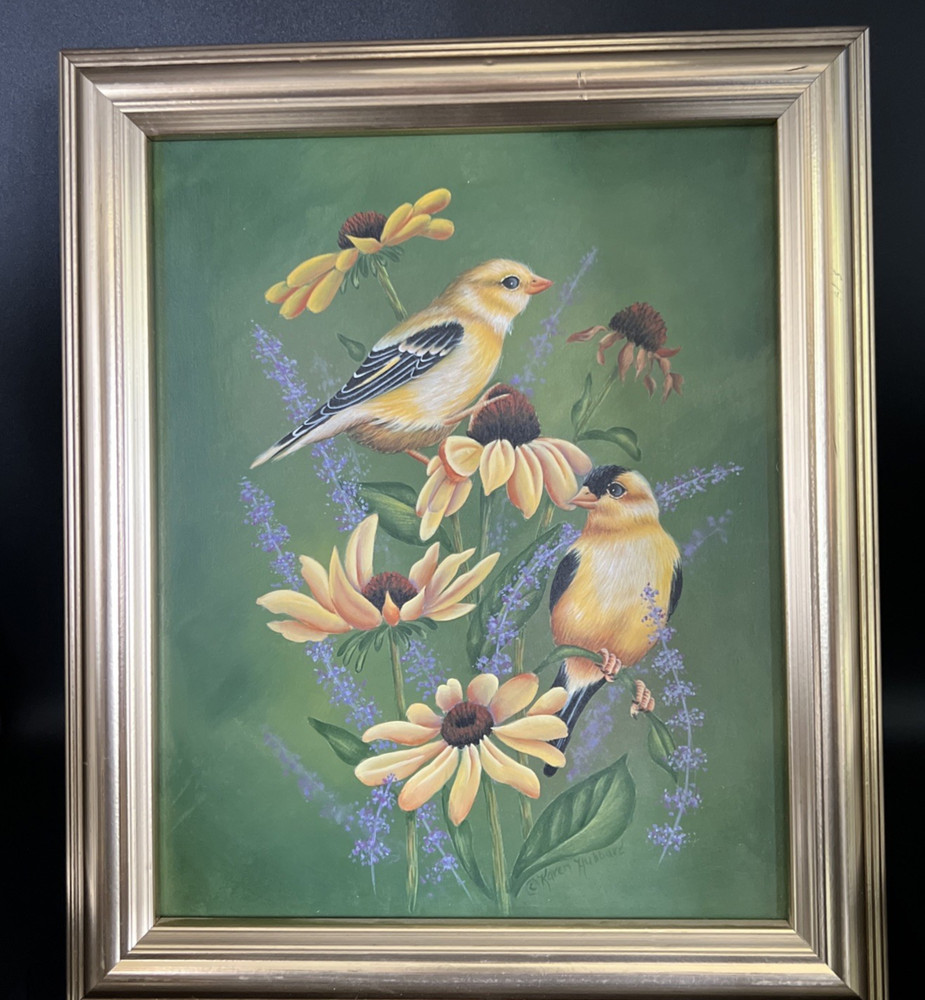 VTG Original Acrylic Art Painting Amer. Gold Finch Birds signed Karen Hubbard