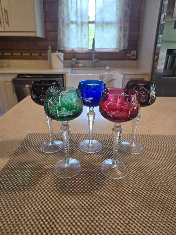 5 Bohemia Goblets, Colored Cut-to-Clear Crystal