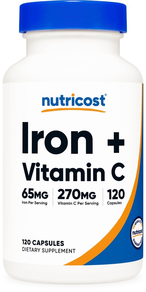 Nutricost Iron (65mg) with Vitamin C (270mg) 120 Capsules - Vegan, GMO-Free