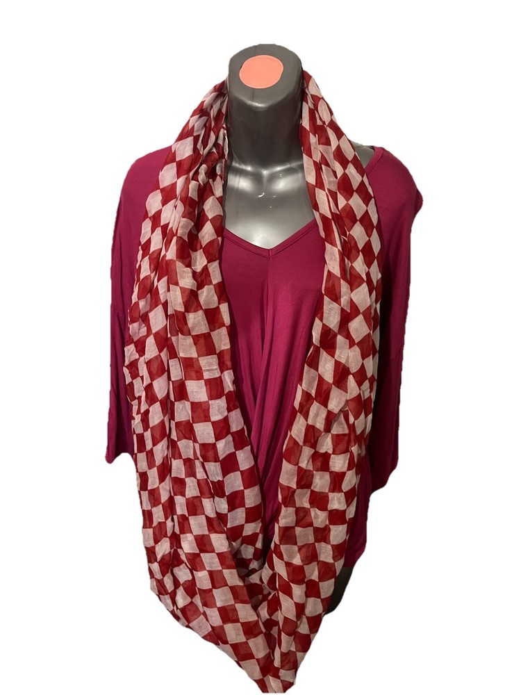 Red and white lightweight checkered infinity scarf