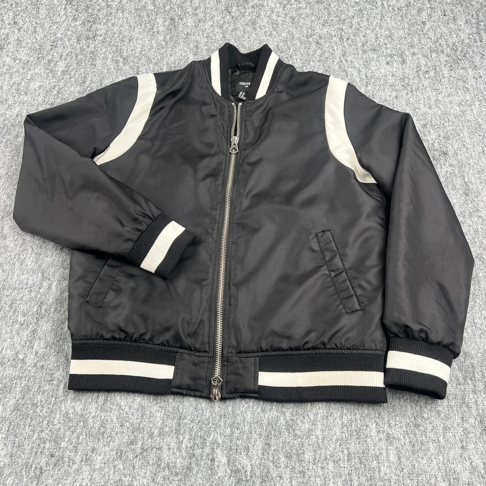 Forever 21 Jacket Mens Medium Black Nylon Bomber Full Zip Contrast Striped Trim