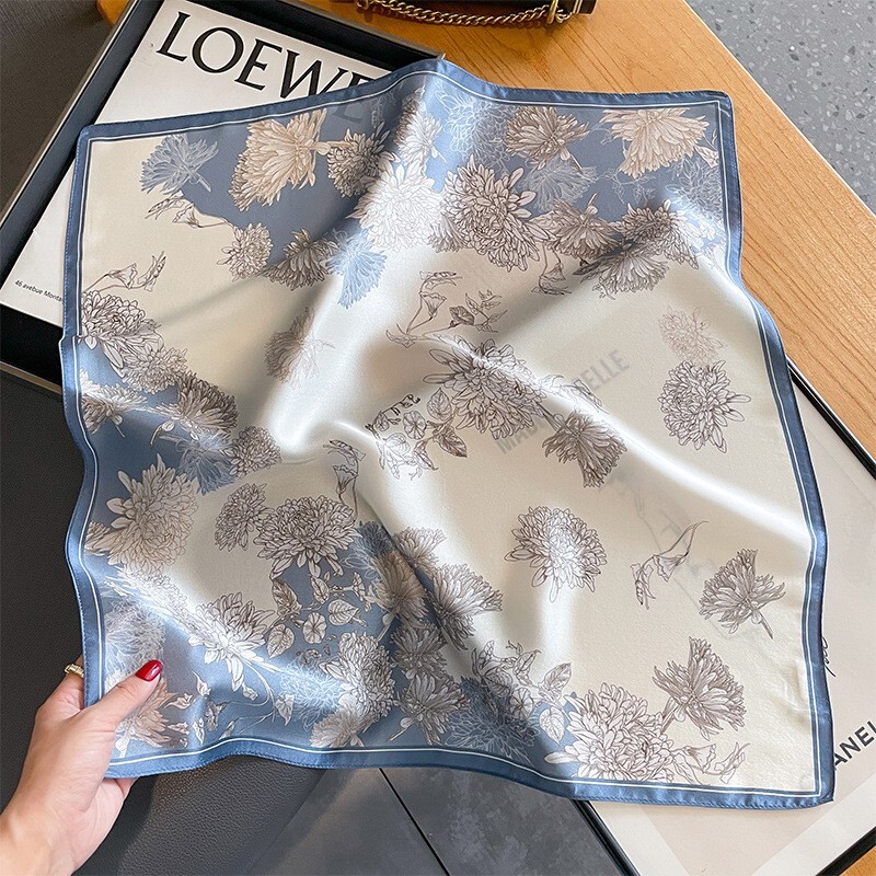 100% Mulberry Silk Small Scarf Women Neckerchief Wrap Bandana Tied Flower 53cm