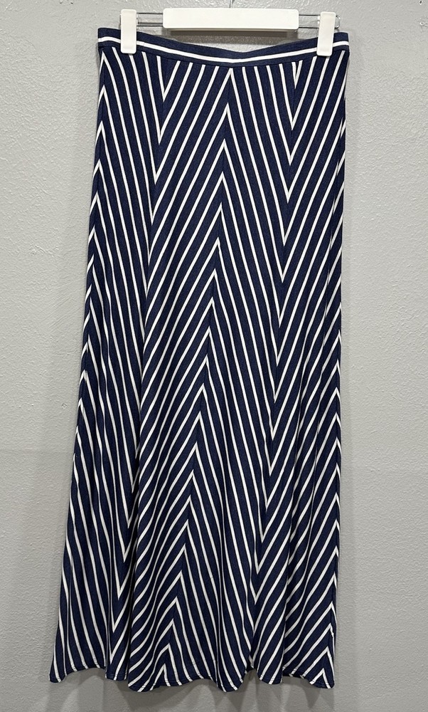 Max Studio Maxi Skirt Women's Size Small White & Navy Blue Striped Stretch Boho