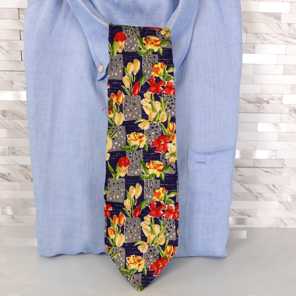 Givenchy Neck Tie Men Blue Yellow Floral Silk Hawaiian Aloha Selection Couture