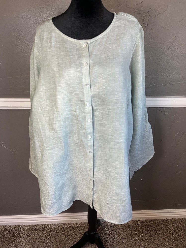 Tahari Linen Top Women's Size 2X Sage Green Button-up Long Roll Tab Sleeve