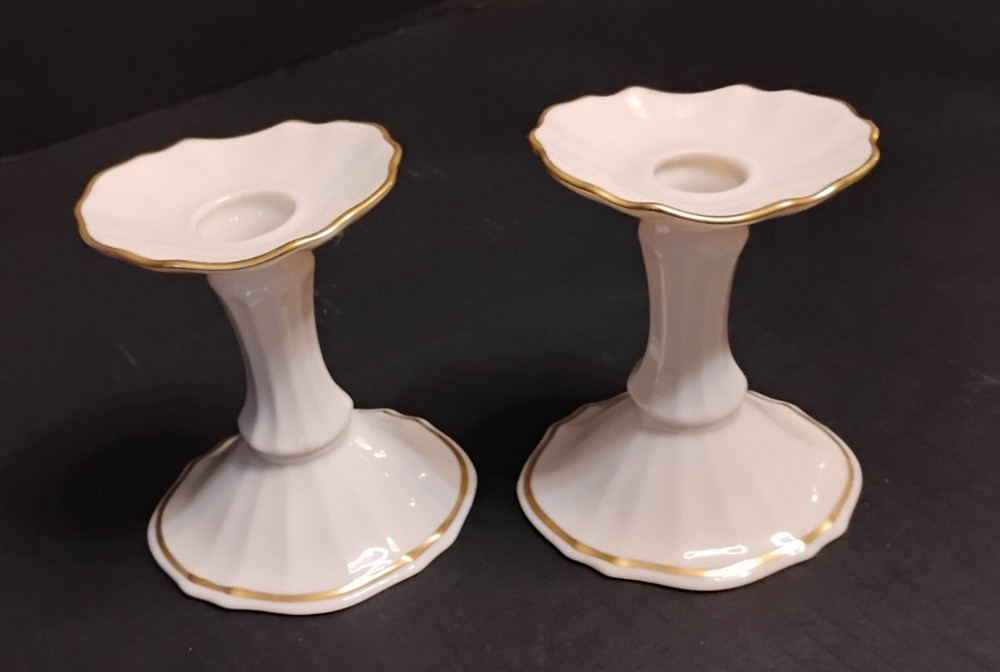 Vintage Lenox 24 Karat Gold Trimmed Cream Symphony Taper Candlestick Holders Set