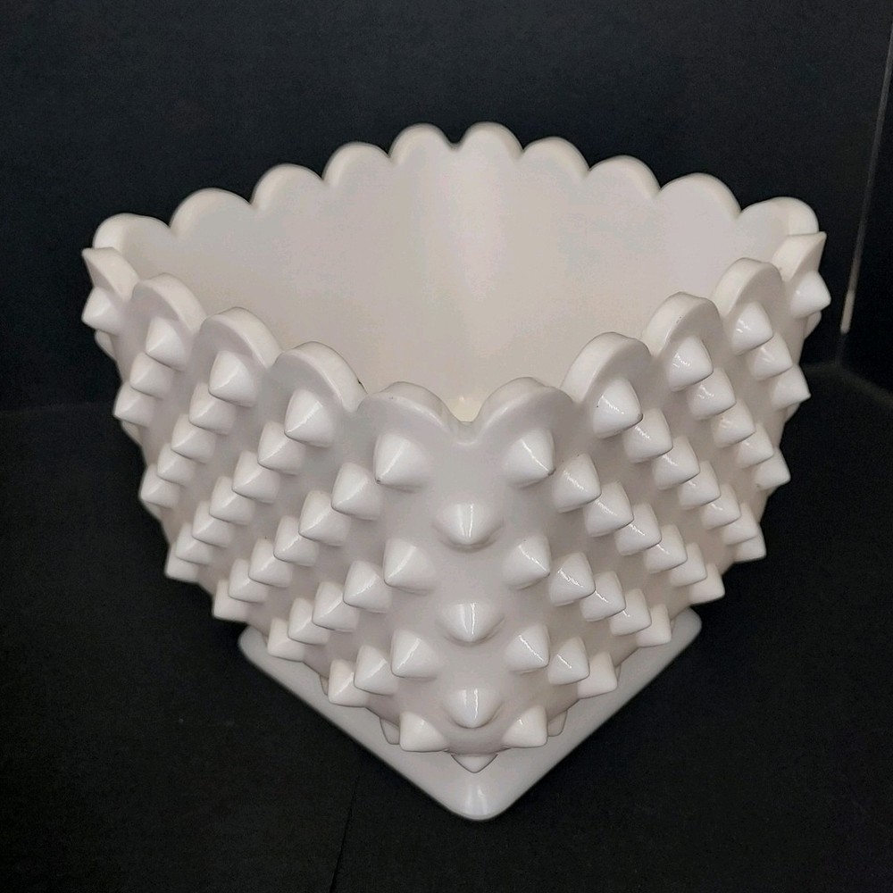 Vintage Fenton Hobnail Milk Glass Square Footed Planter Vase Scalloped Edge EUC