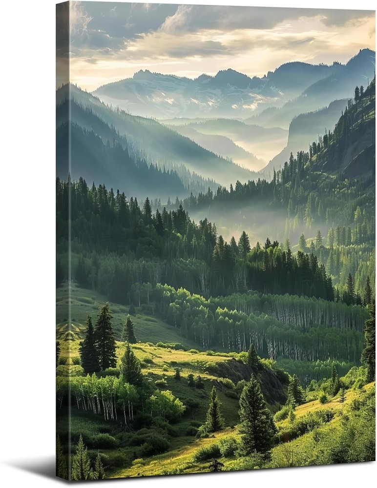 Mountain Forest Sunrise Canvas Wall Art Misty Nature Landscape Room Decor
