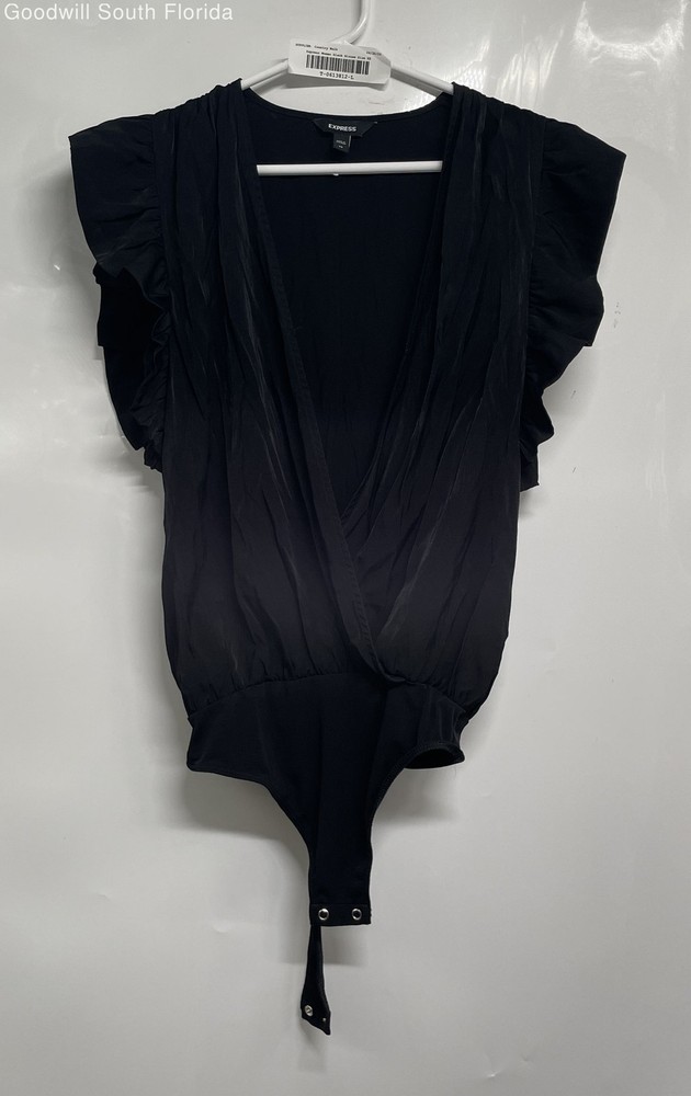 Express Womens Black Ruffle Sleeve Surplice Neck Bodysuit Blouse Top Size XS