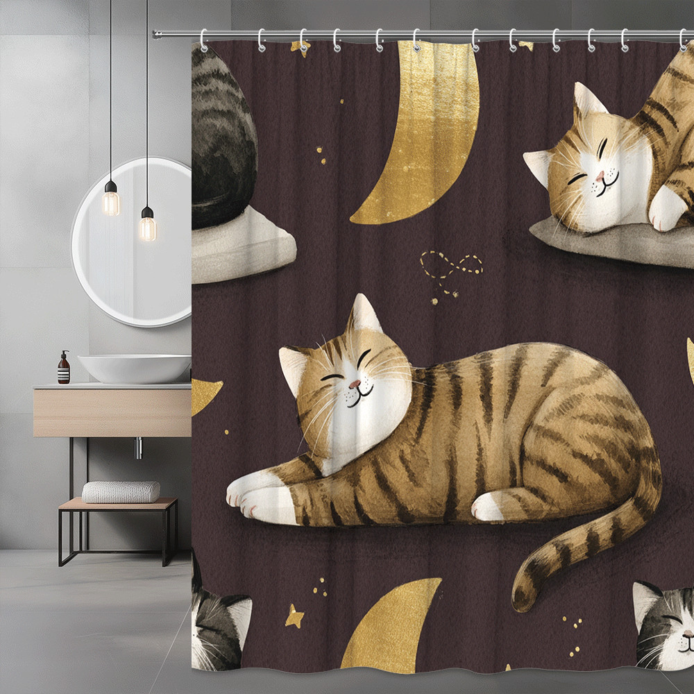 Cat Moon Print Shower Curtain, Celestial Cats and Stars Design