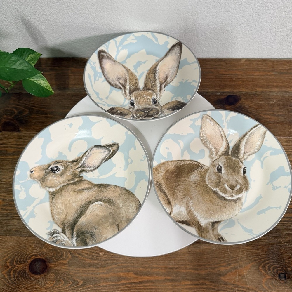 Williams Sonoma Blue Damask Easter Bunny Rabbit Salad Dessert Plates Set Of 3