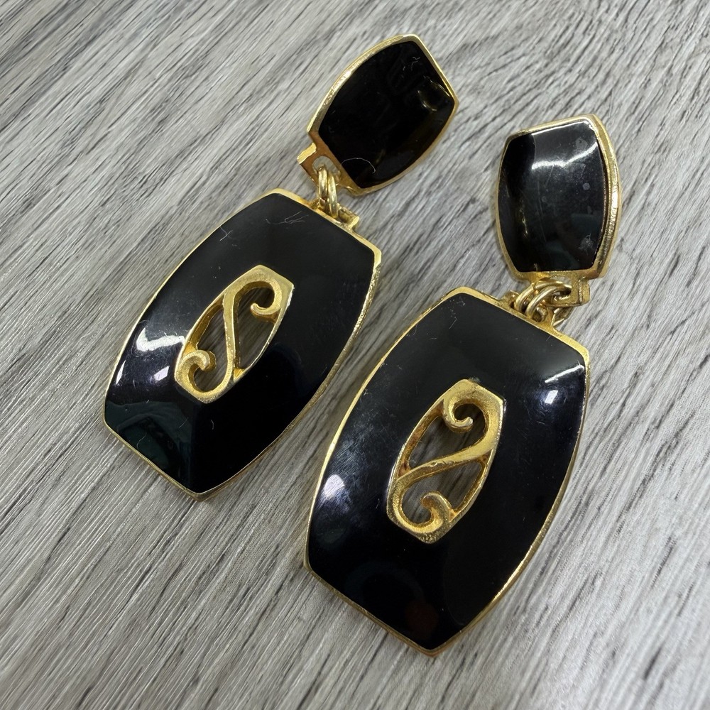 Vintage Earrings EDGAR BEREBI Gold Tone-Black Enamel Drop Dangle MCM Retro