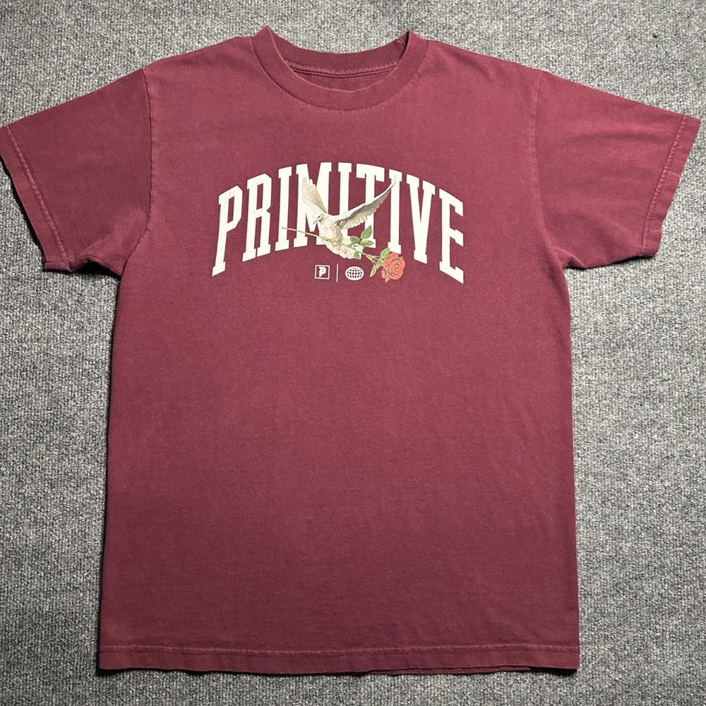 Primitive Men's M Medium Burgundy Cotton Crew Neck Flower Graphic T-Shirt