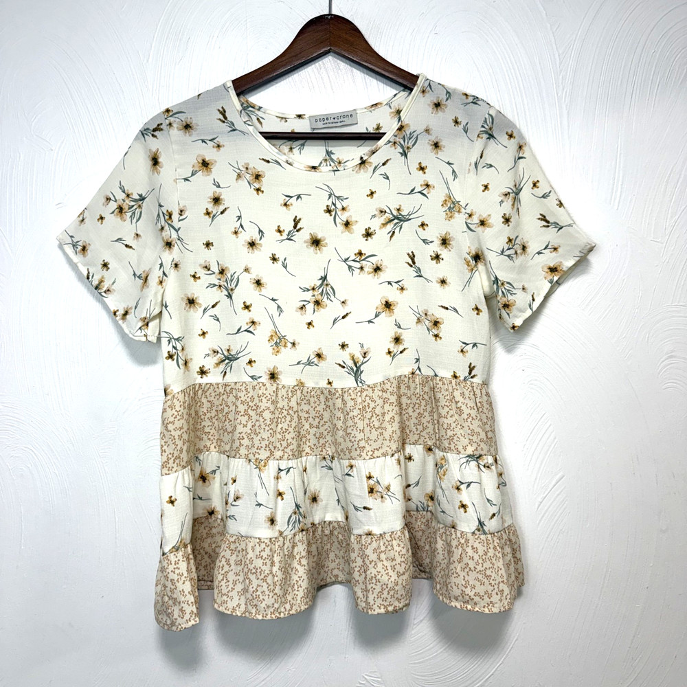 Paper Crane Women's Cream Tan Floral Tiered Babydoll Blouse Shirt Top Size Small