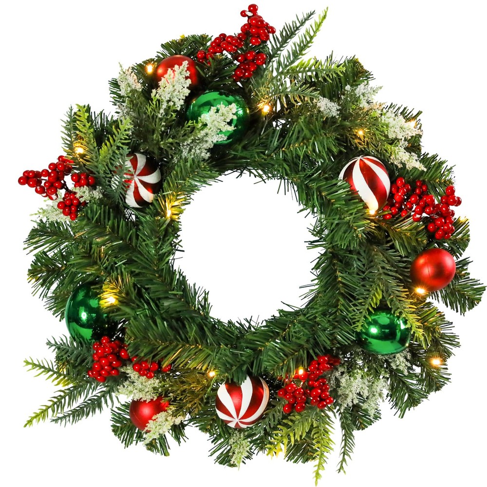 20 Inch Pre-Lit Christmas Wreath with Lights for Front Door Decor