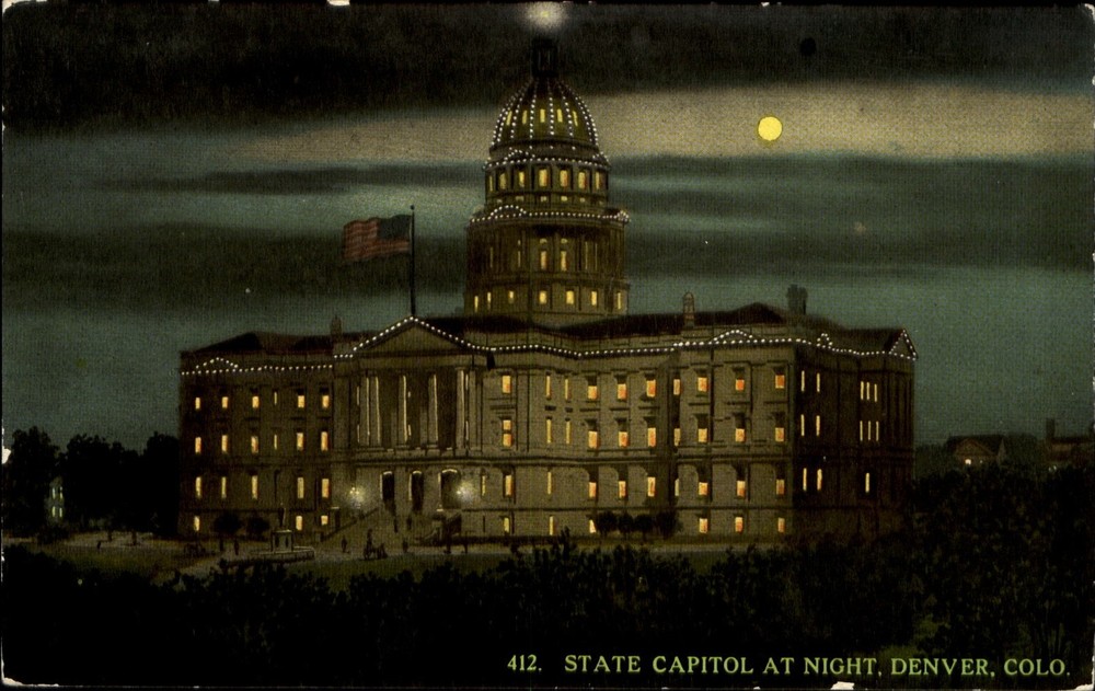 State Capitol Denver Colorado CO night moon ~ c1910 ~ uncommon view postcard
