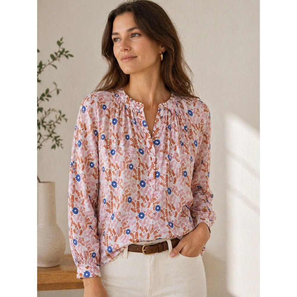 Talbots Womens Floral Pintuck Long Sleeve Cotton Blouse Pink Blue Orange Small